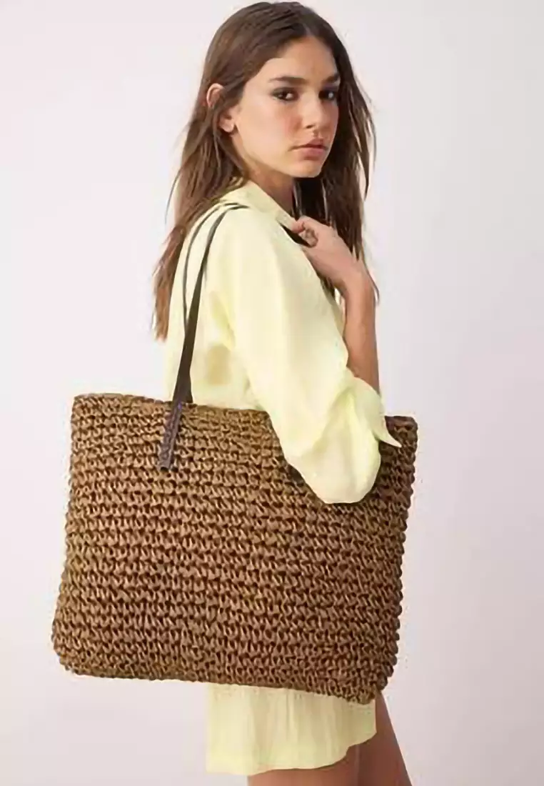 Brown Straw Hand Knitted Women's Shoulder Bag 